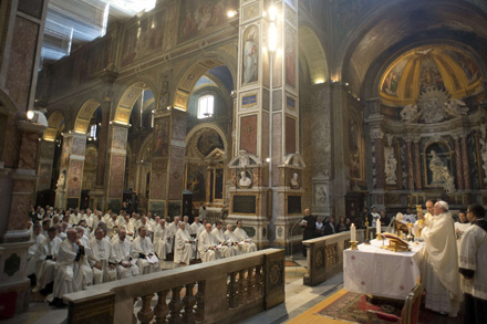 Pope Francis celebrates Mass during meeting with Augustinian priests in Rome